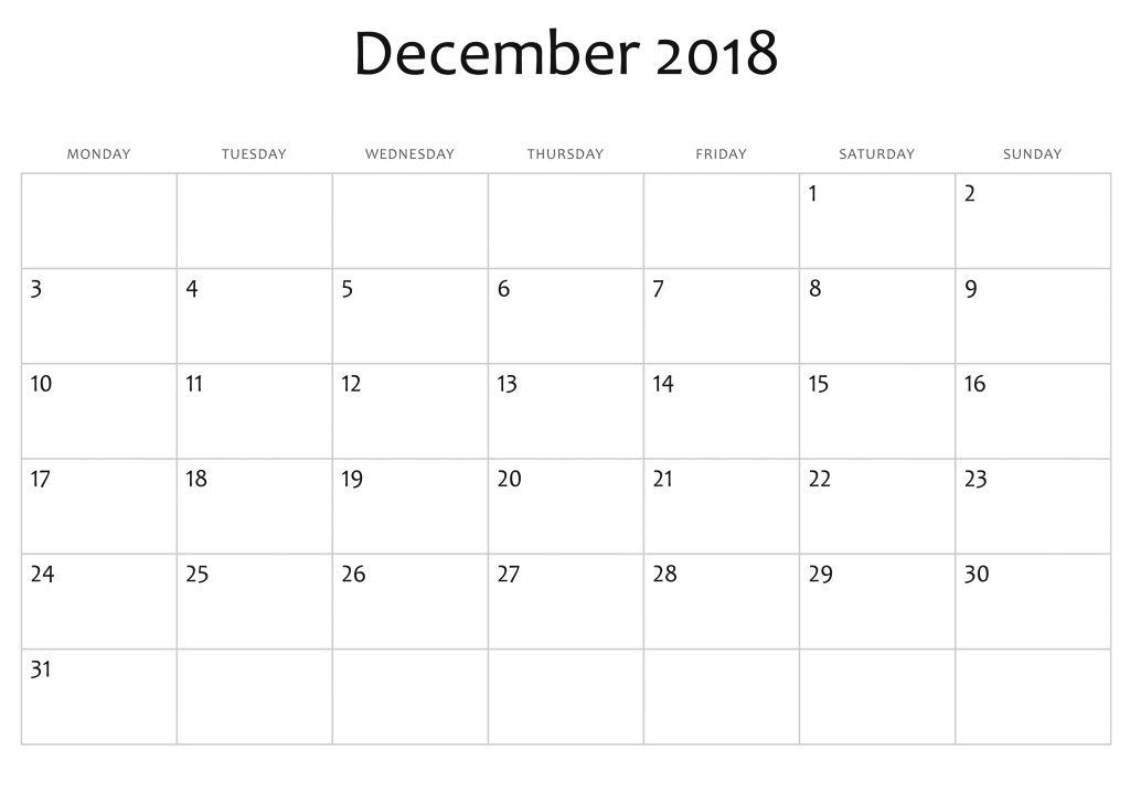 December 2018 Calendar Monday To Sunday | 2018 Calendar Template