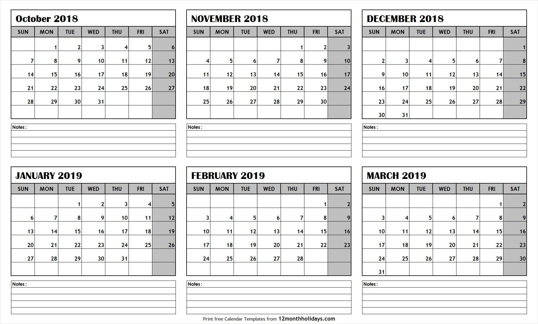Free 6 Month Calendar October March 2019 Template With Notes Download