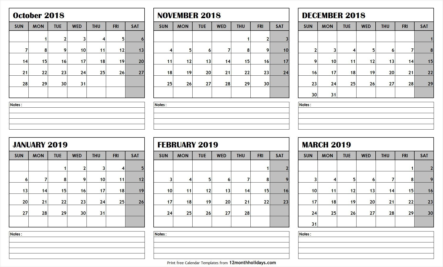 free 6 month calendar october march 2019 template with notes download