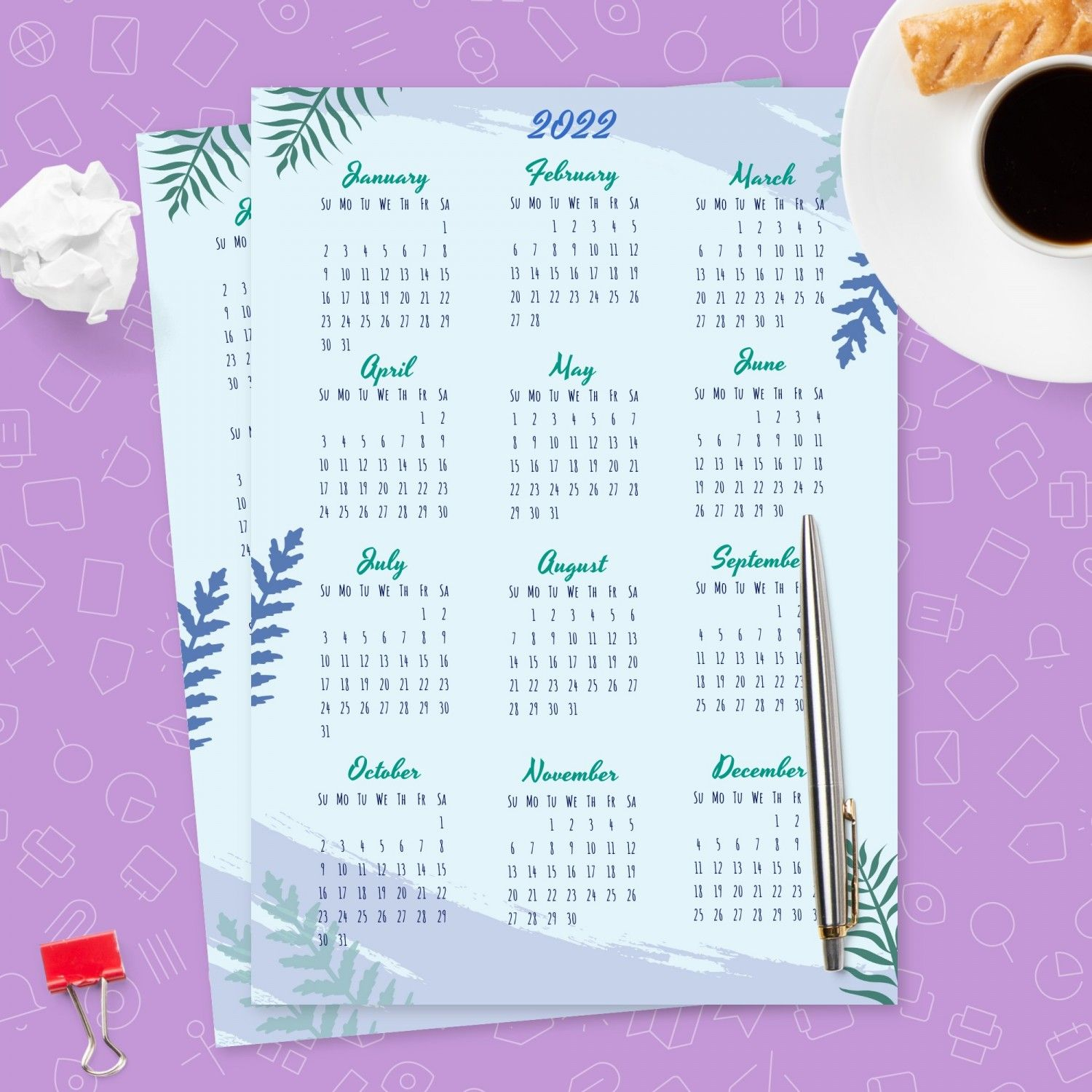 green and blue yearly calendar template printable pdf