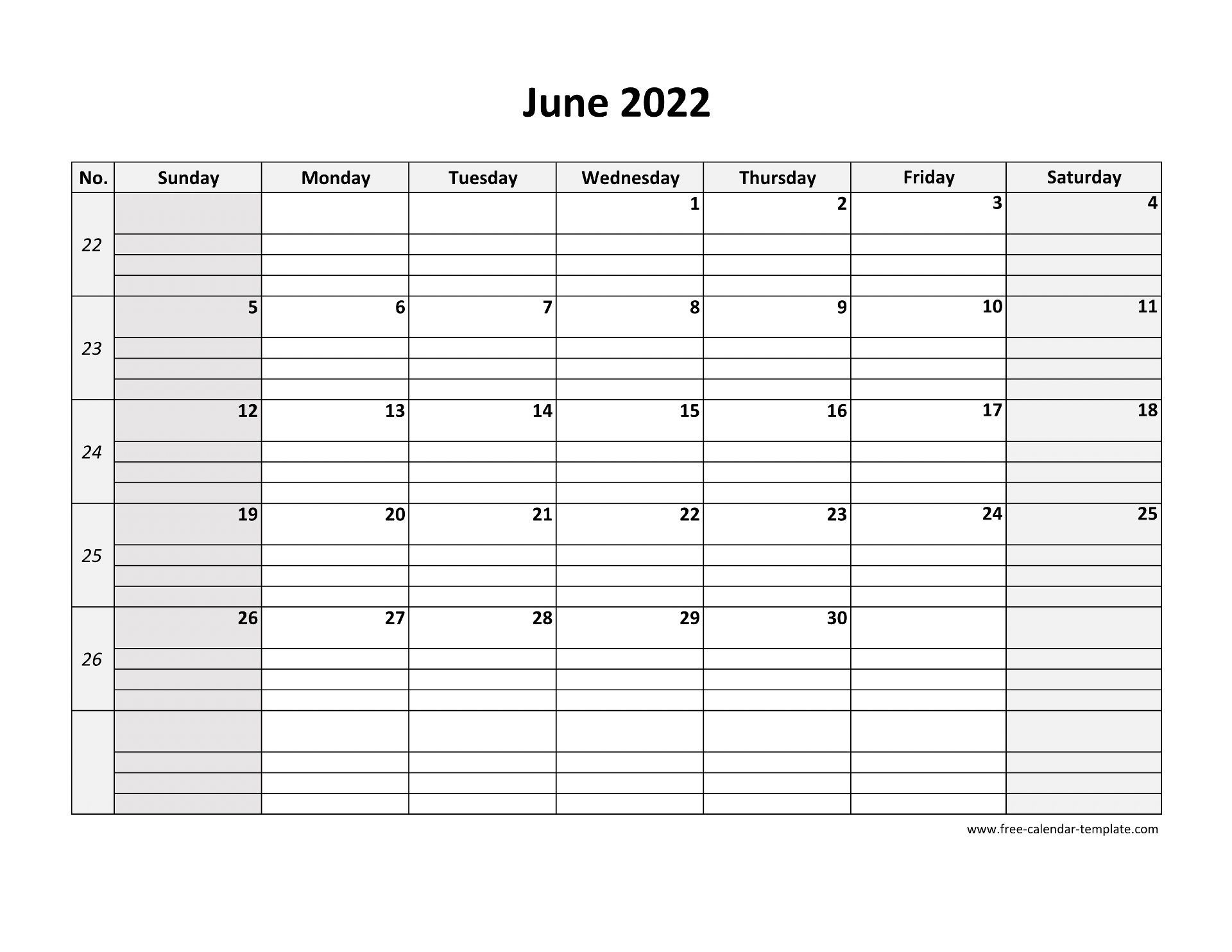 June 2022 Calendar Free Printable With Grid Lines Designed (horizontal