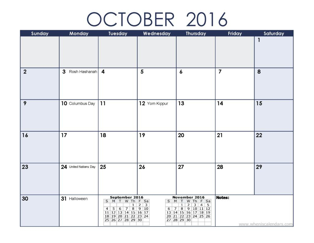 october 2016 calendar printable with holidays | templates free printable