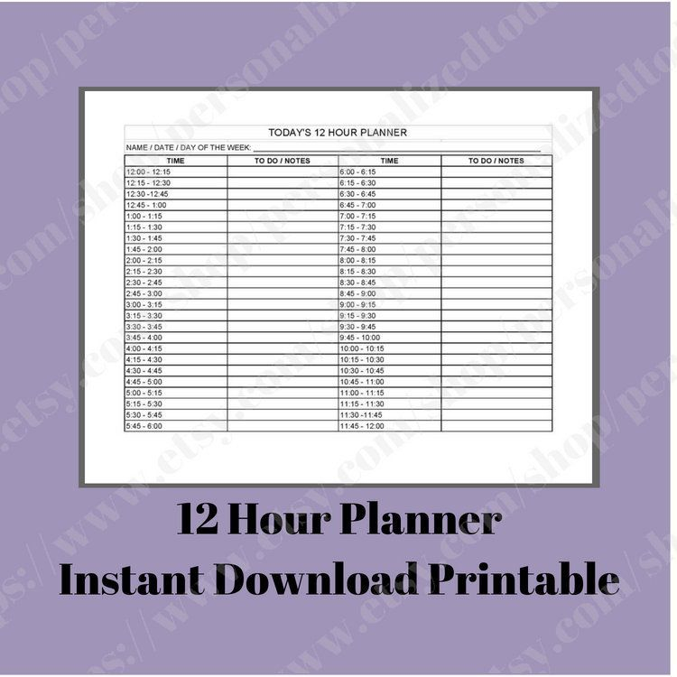 Printable Day Planner Digital Download 12 Hour 15 Minute Time | Etsy
