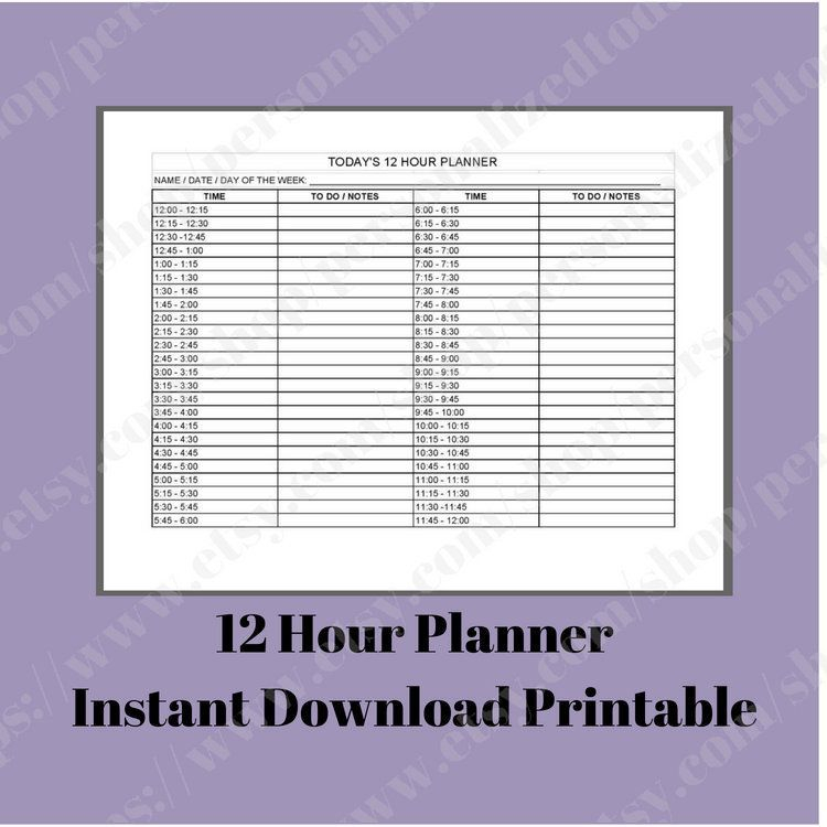 printable day planner digital download 12 hour 15 minute time | etsy