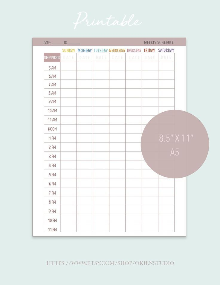 Weekly Calendar Printable Time Slot 5am Through 11pm Weekly | Etsy In