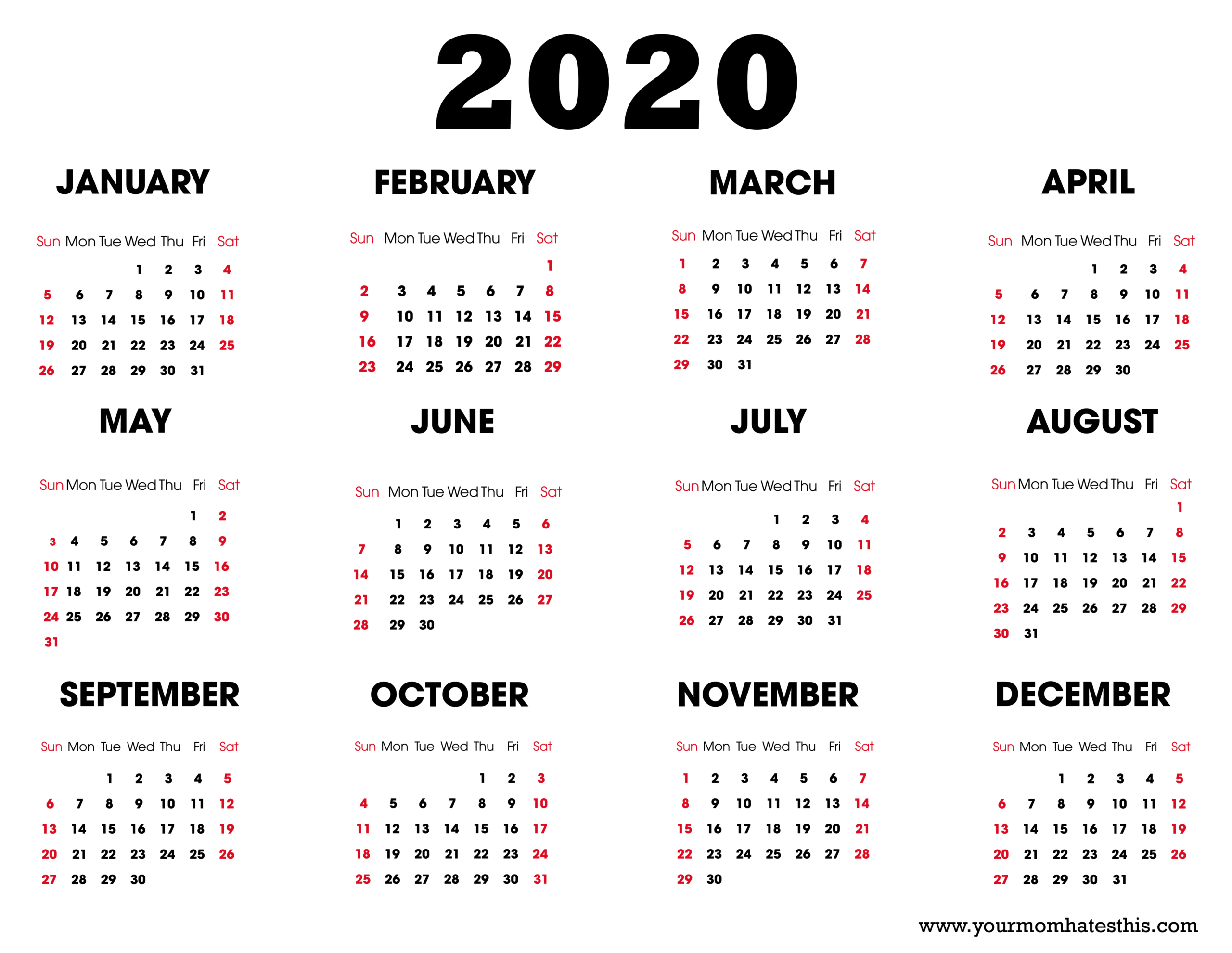 Yearly 2020 Printable Calendar Templates Pdf, Word, Excel Free