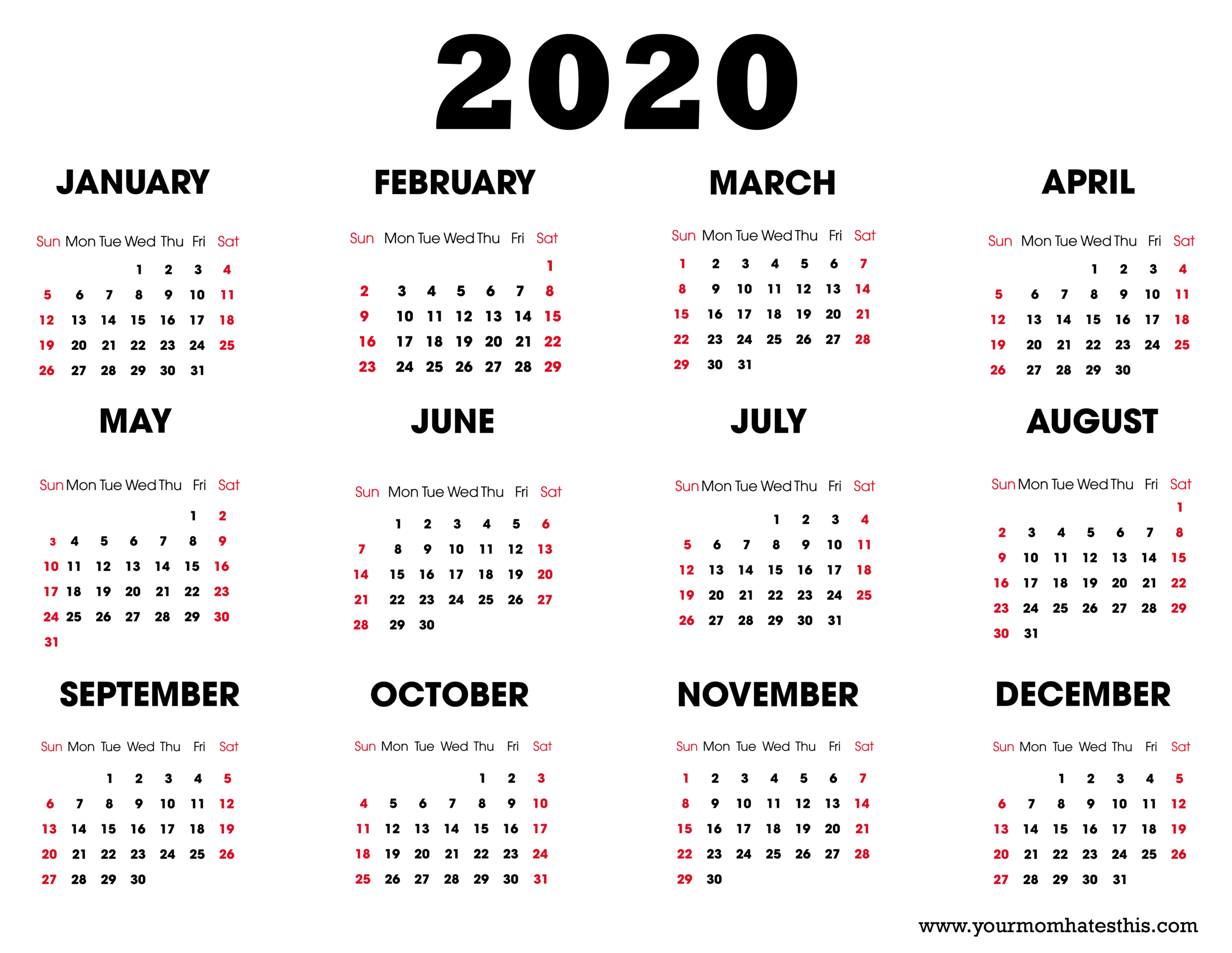 yearly 2020 printable calendar templates pdf, word, excel free