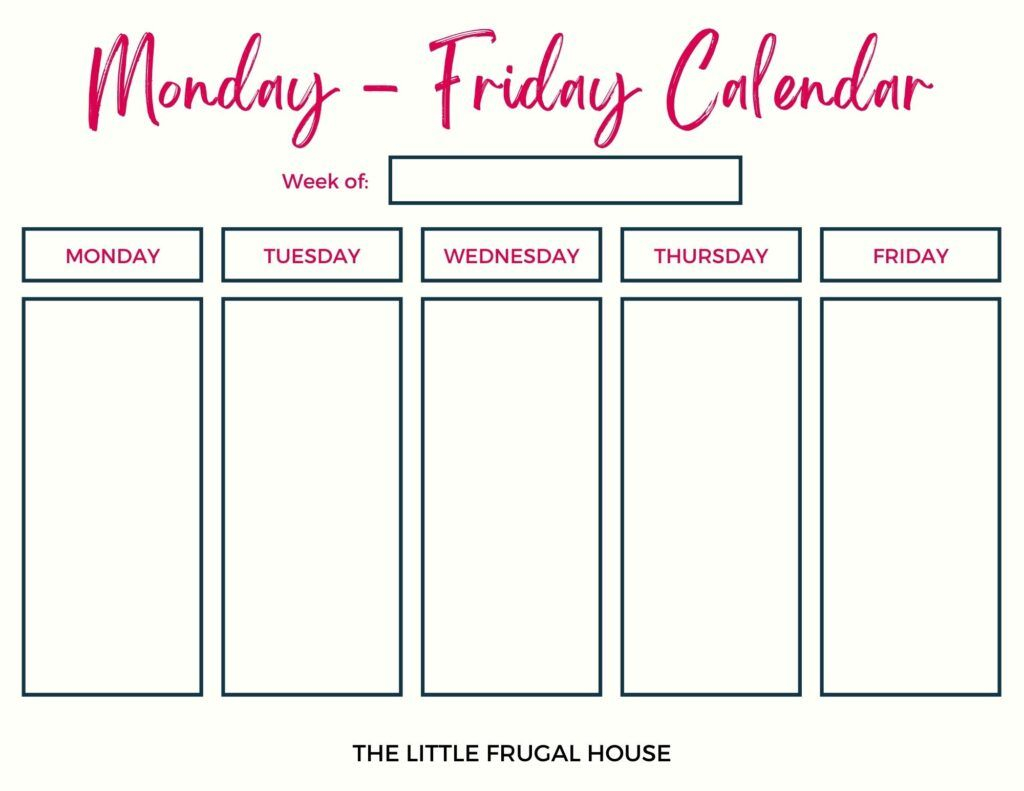 Free Printable Calendar: Monday Through Friday (4 Weekly Color Options)