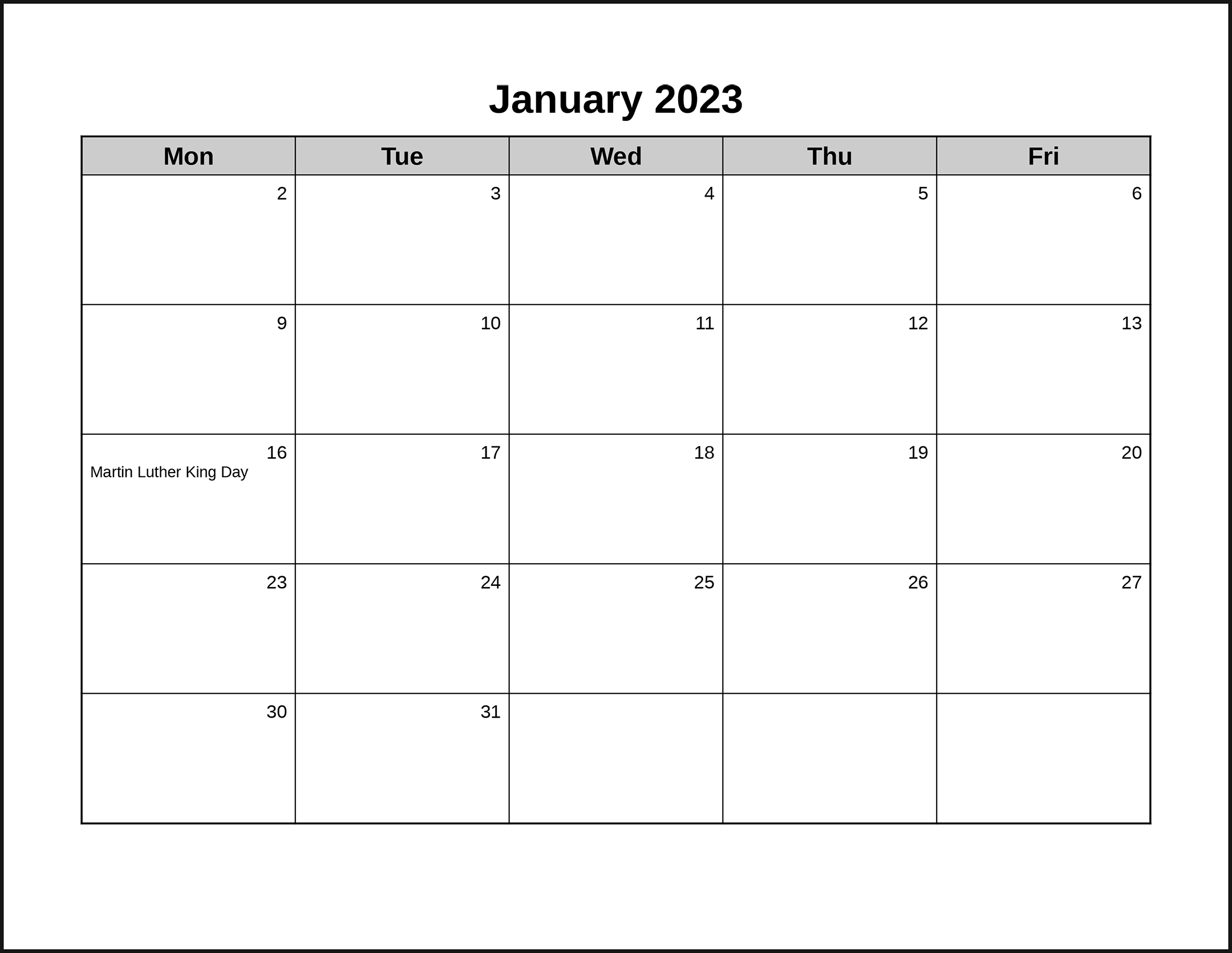Monday Friday Calendar Template